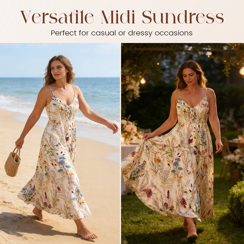 🔥50% korting! 🌸🎀 Midilange jurk met print en dunne bandjes, comfortabel en goed zittend – de perfecte keuze voor op vakantie en feestjes 💃