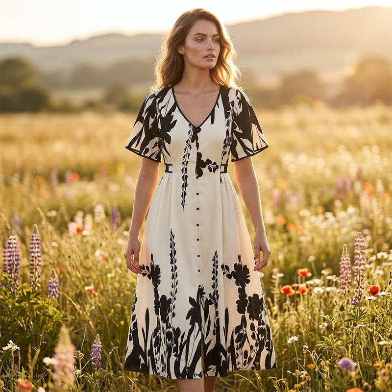 👗 Zachte Midi Jurk met Botanische Print en V-Hals | Licht, Elegant & Makkelijk te Dragen