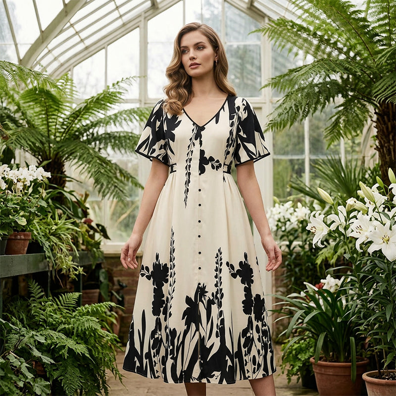 👗 Zachte Midi Jurk met Botanische Print en V-Hals | Licht, Elegant & Makkelijk te Dragen