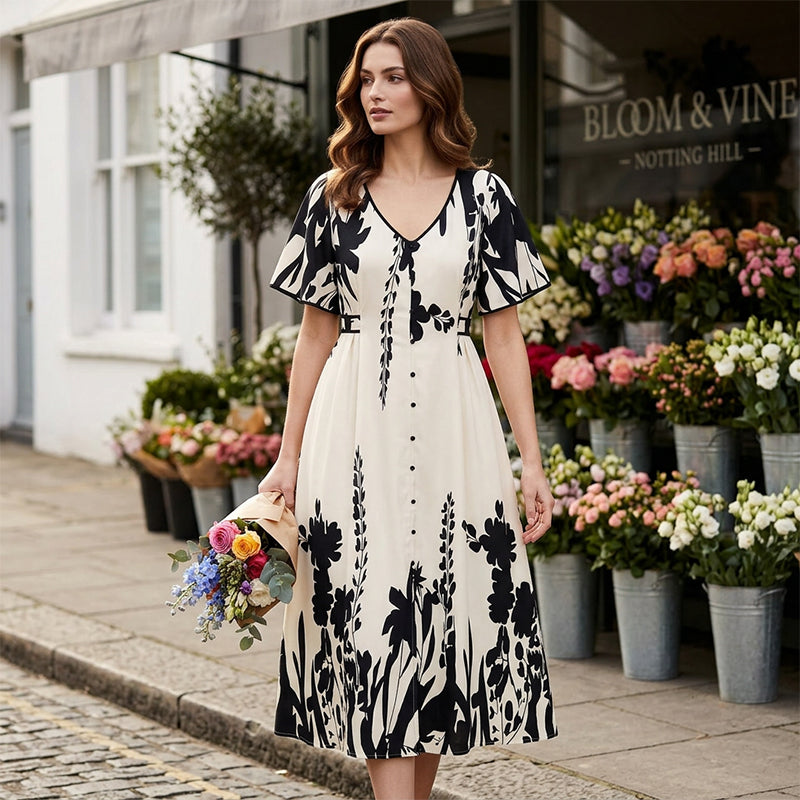 👗 Zachte Midi Jurk met Botanische Print en V-Hals | Licht, Elegant & Makkelijk te Dragen