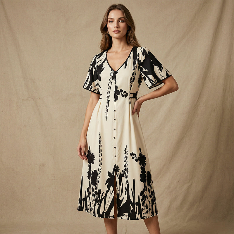 👗 Zachte Midi Jurk met Botanische Print en V-Hals | Licht, Elegant & Makkelijk te Dragen