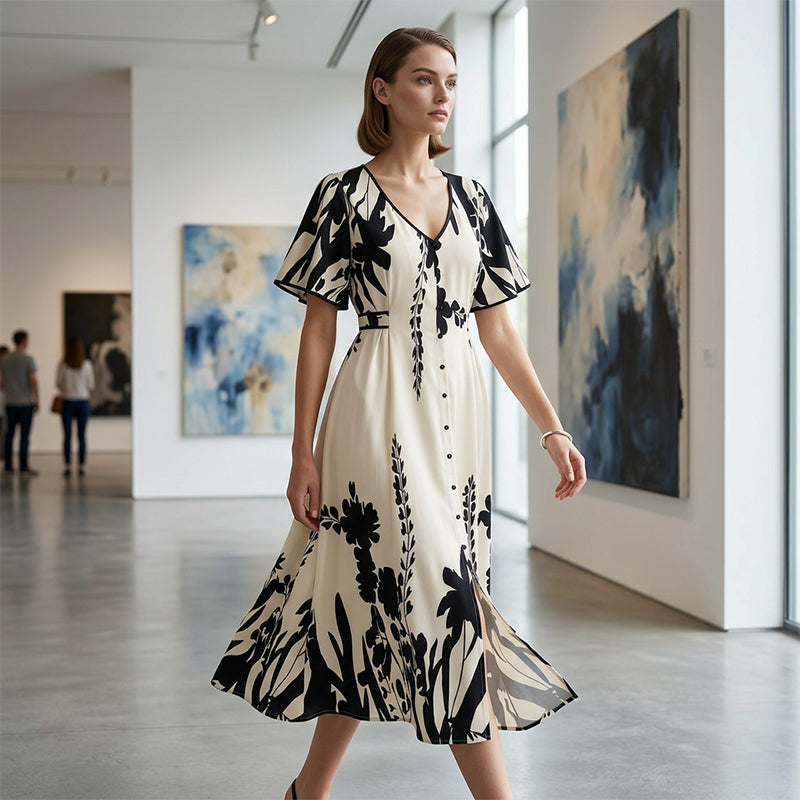 👗 Zachte Midi Jurk met Botanische Print en V-Hals | Licht, Elegant & Makkelijk te Dragen