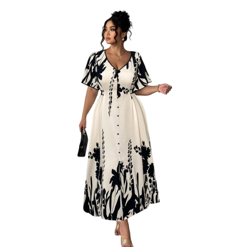 👗 Zachte Midi Jurk met Botanische Print en V-Hals | Licht, Elegant & Makkelijk te Dragen