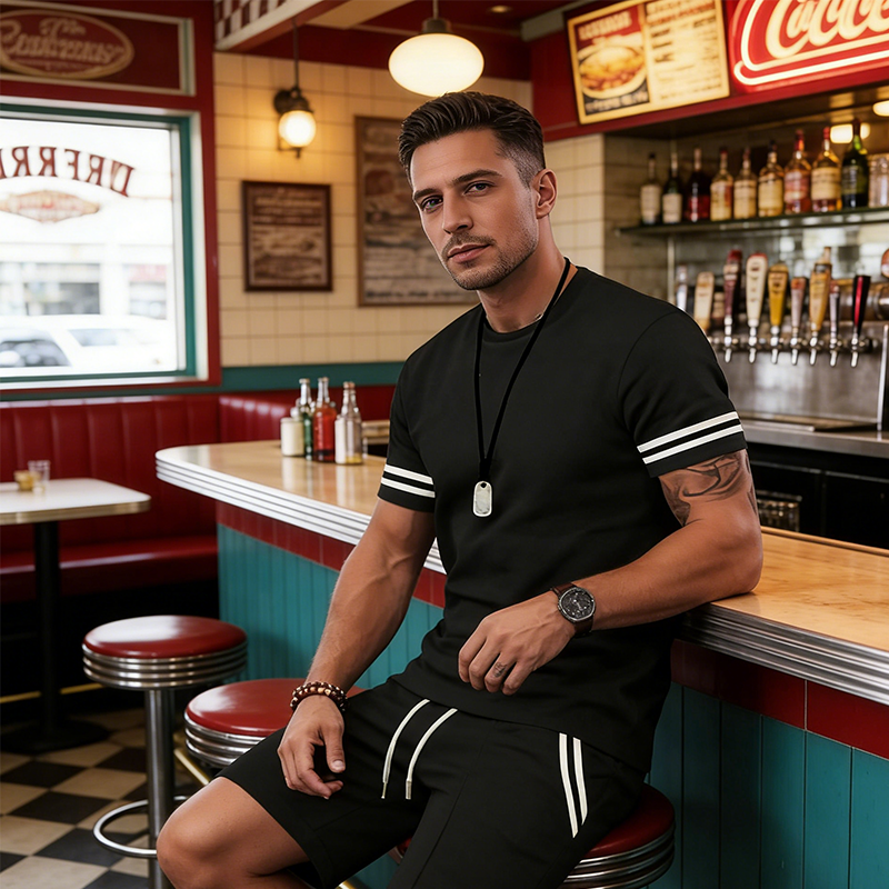 Tweedelige set voor heren: gestreept T-shirt en korte broek