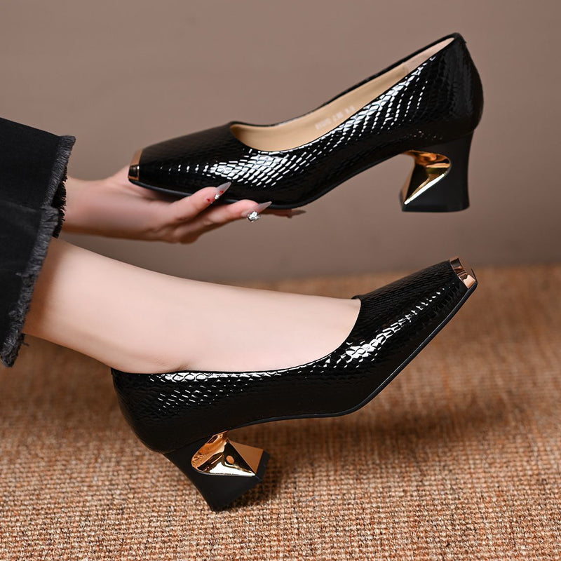 👠Dames slangenprint blokhakpumps – vierkante neus, metalen accent & all-day comfort ✨