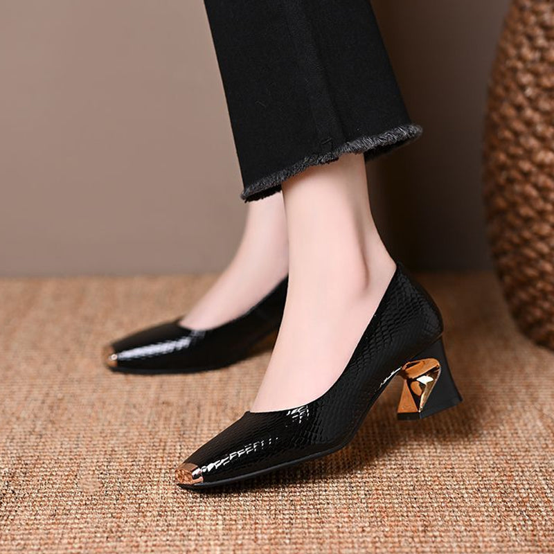 👠Dames slangenprint blokhakpumps – vierkante neus, metalen accent & all-day comfort ✨