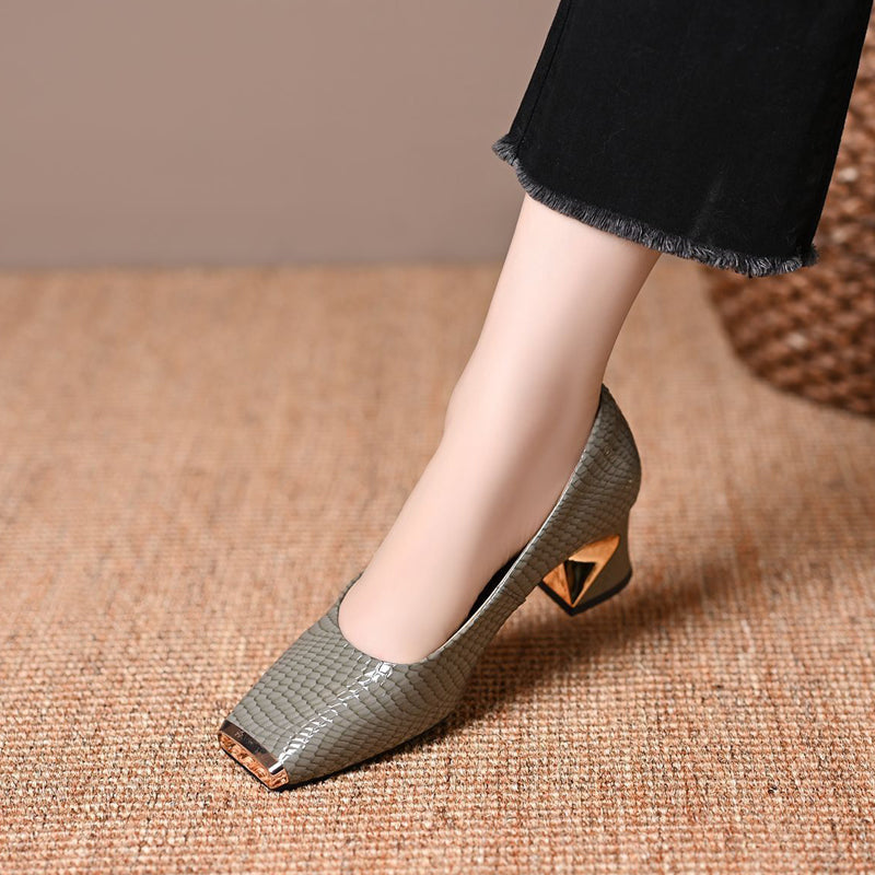 👠Dames slangenprint blokhakpumps – vierkante neus, metalen accent & all-day comfort ✨