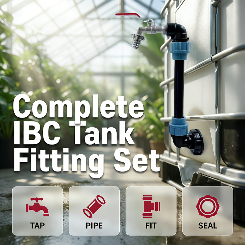 Adapter-set voor IBC-tanks – verhoging, tapkraan van zinklegering (3/4“), PE-slang & haakse stukken – ideaal voor tuin & huishouden 💧🏡
