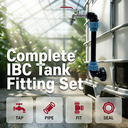 Adapter-set voor IBC-tanks – verhoging, tapkraan van zinklegering (3/4“), PE-slang & haakse stukken – ideaal voor tuin & huishouden 💧🏡