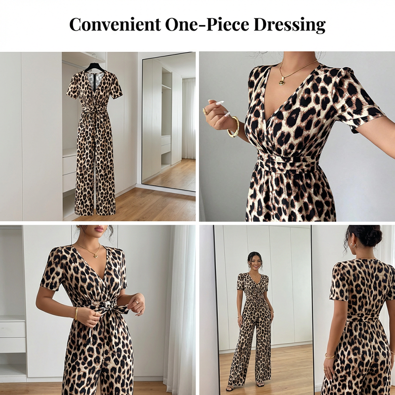 Jumpsuit met luipaardprint, V-hals en wijde pijpen