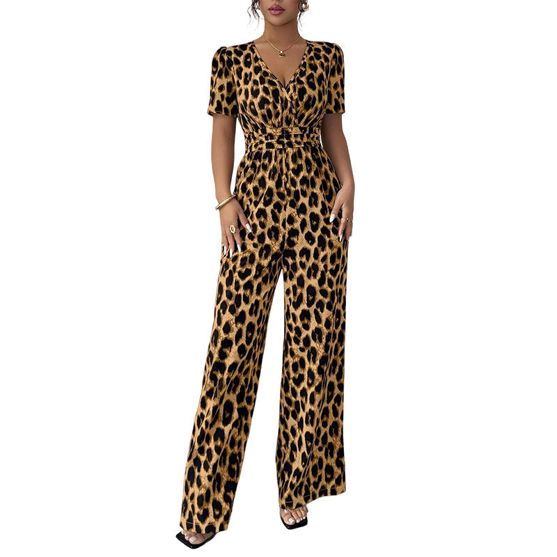 Jumpsuit met luipaardprint, V-hals en wijde pijpen