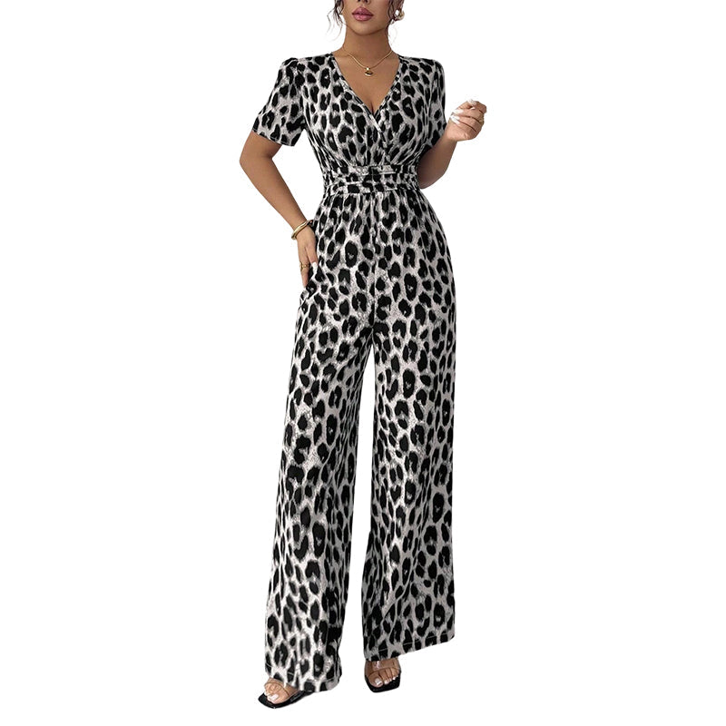 Jumpsuit met luipaardprint, V-hals en wijde pijpen