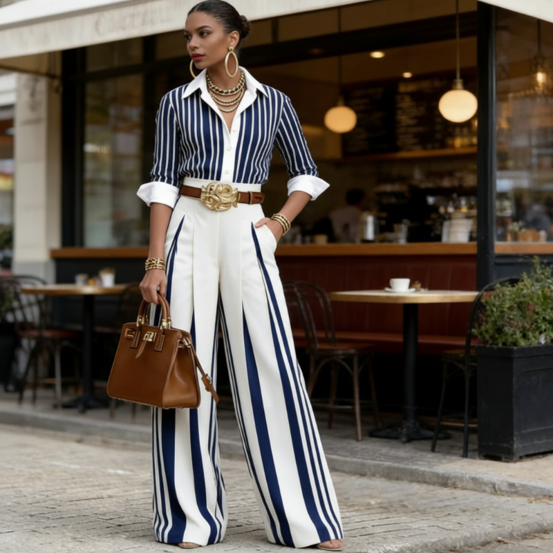 🎁Nieuw: 50% korting💥2-delige set voor dames: gestreept blouse + wijde broek