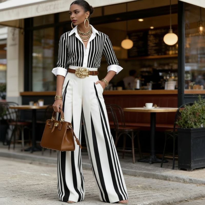 🎁Nieuw: 50% korting💥2-delige set voor dames: gestreept blouse + wijde broek