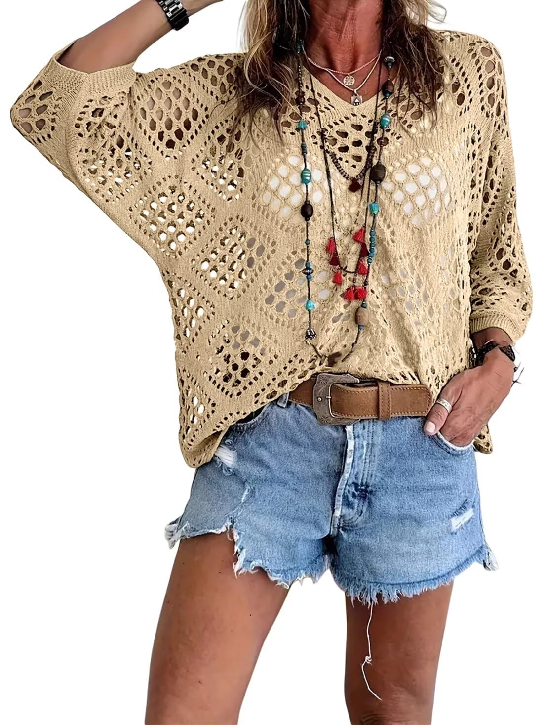⏰50% korting🔥Dames top in bohemian stijl met beige haakwerk en V-hals