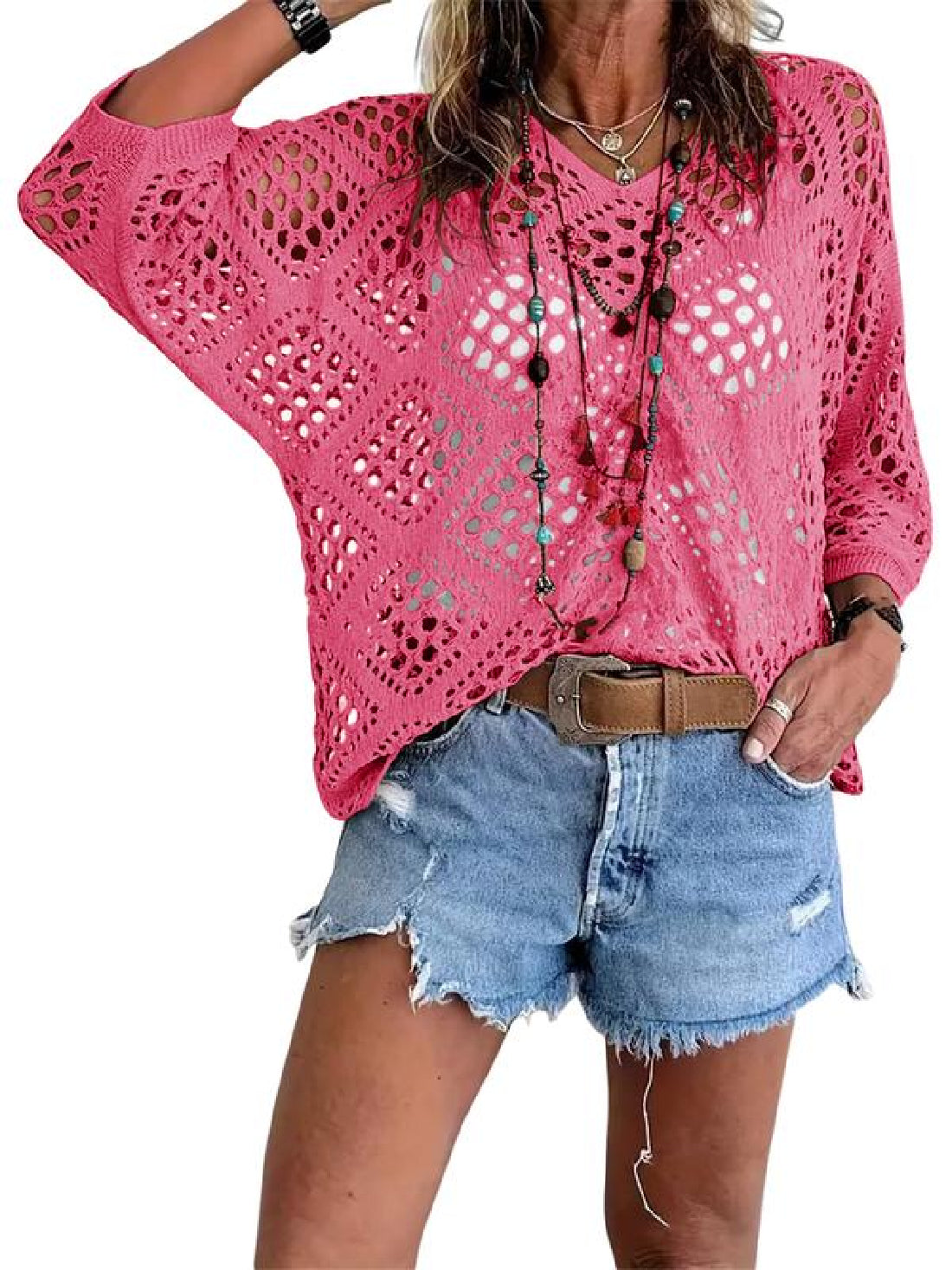 ⏰50% korting🔥Dames top in bohemian stijl met beige haakwerk en V-hals