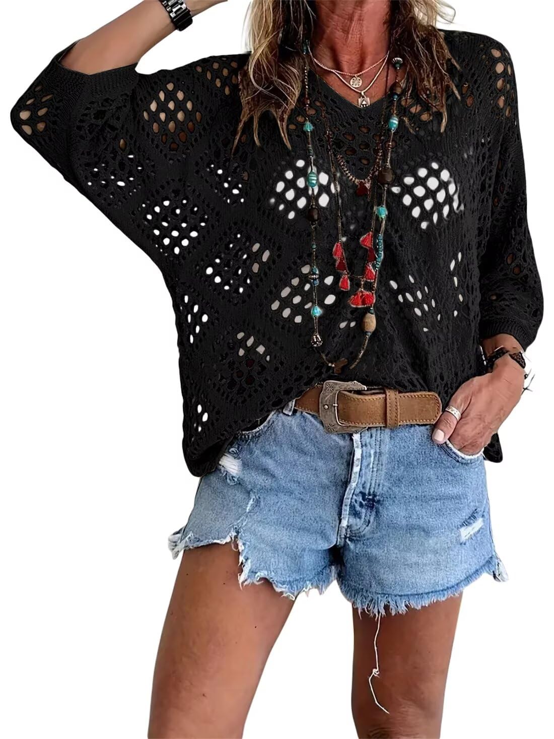 ⏰50% korting🔥Dames top in bohemian stijl met beige haakwerk en V-hals