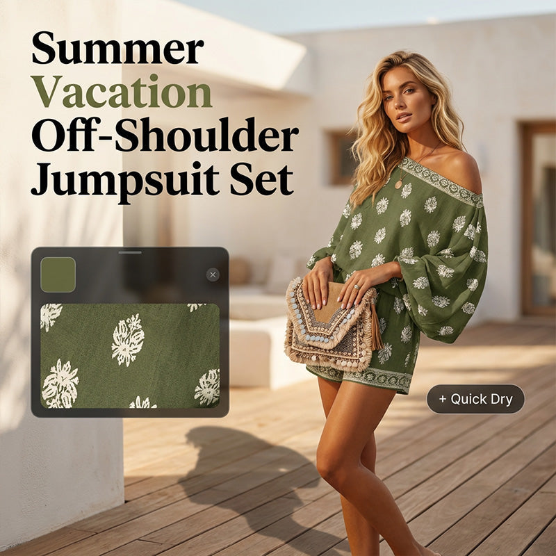 Bohemian jumpsuitset met schoudervrije pasvorm en print