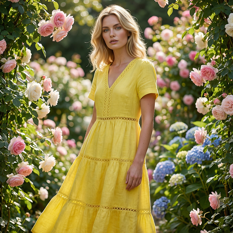 Dames elegante V-hals jurk met kantinzet