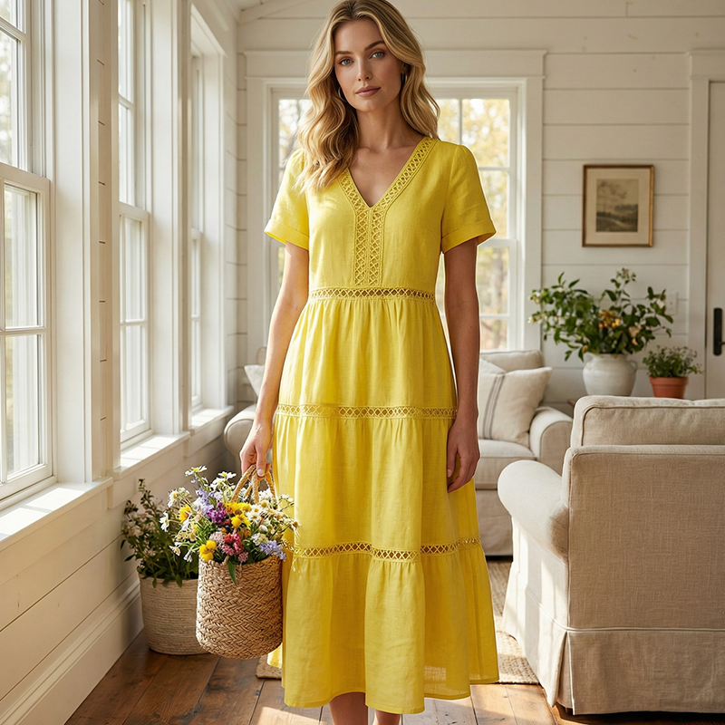 Dames elegante V-hals jurk met kantinzet