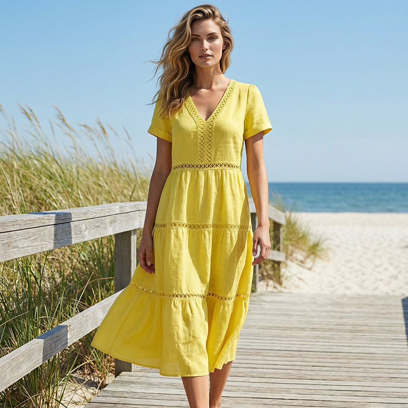 Dames elegante V-hals jurk met kantinzet