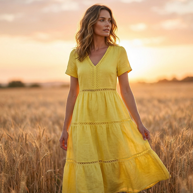 Dames elegante V-hals jurk met kantinzet