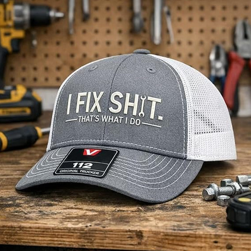 🔥Nieuw 2026 & Bestseller🔥Truckerpet met mesh-achterkant en geborduurd "I Fix Shit" – Ademende zonnehoed voor buitengebruik🧢☀️