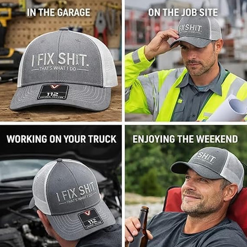 🔥Nieuw 2026 & Bestseller🔥Truckerpet met mesh-achterkant en geborduurd "I Fix Shit" – Ademende zonnehoed voor buitengebruik🧢☀️