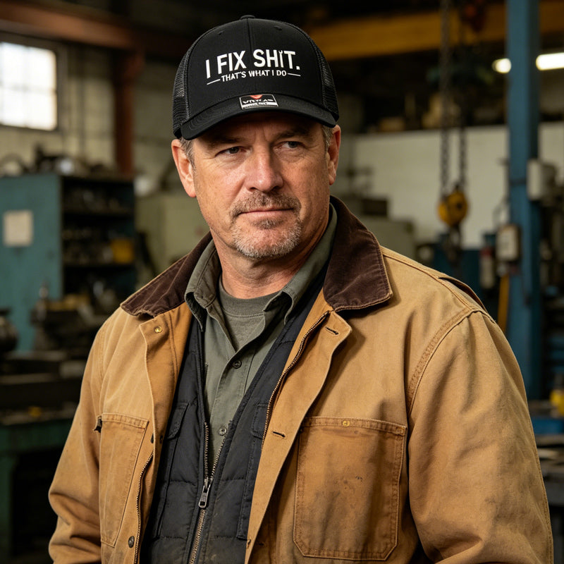 🔥Nieuw 2026 & Bestseller🔥Truckerpet met mesh-achterkant en geborduurd "I Fix Shit" – Ademende zonnehoed voor buitengebruik🧢☀️