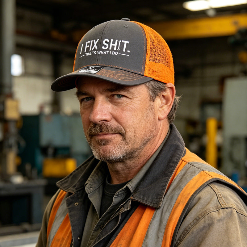 🔥Nieuw 2026 & Bestseller🔥Truckerpet met mesh-achterkant en geborduurd "I Fix Shit" – Ademende zonnehoed voor buitengebruik🧢☀️