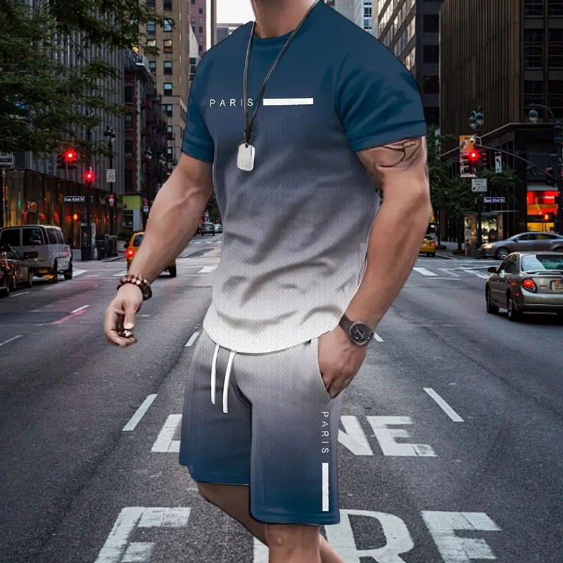 De heren set bestaande uit een gradient-kleur T-shirt en shorts