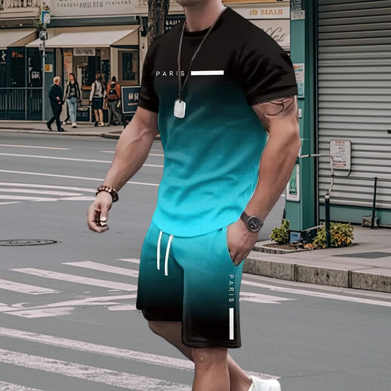 De heren set bestaande uit een gradient-kleur T-shirt en shorts