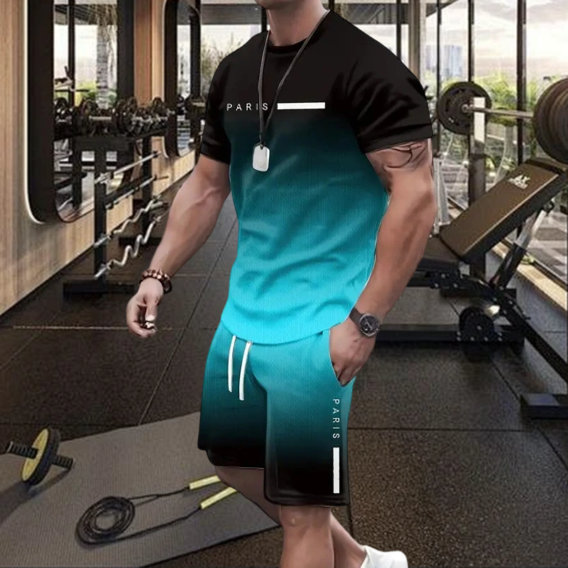 De heren set bestaande uit een gradient-kleur T-shirt en shorts
