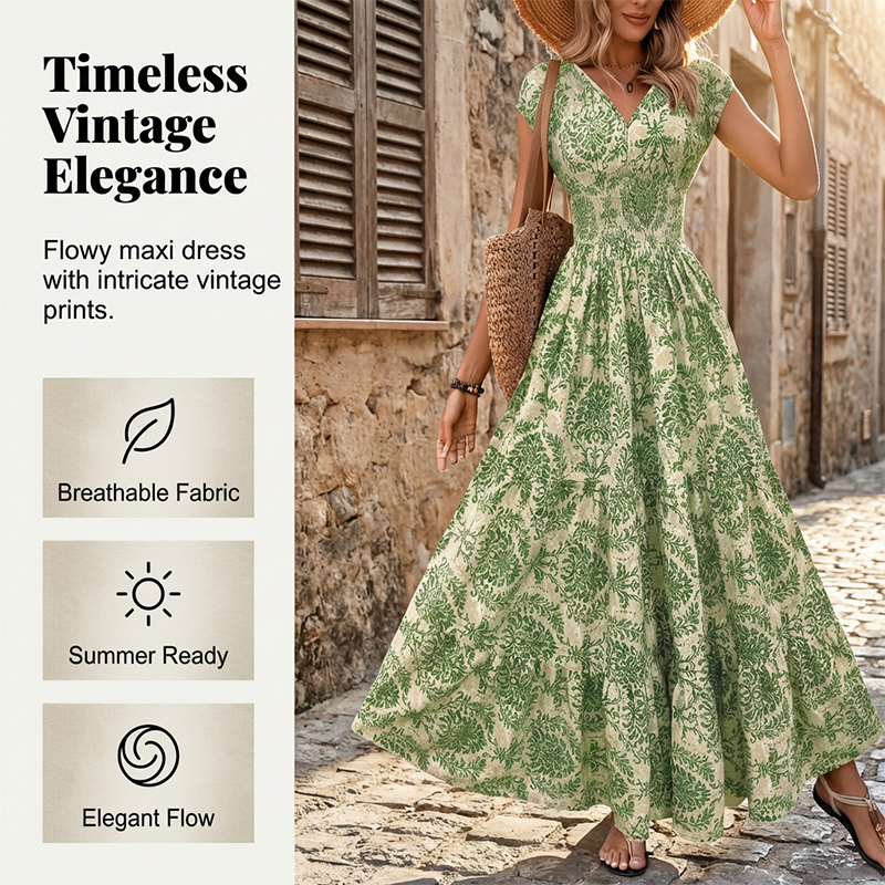 Dames Maxi-jurk met Bloemenprint en V-hals | Gesmokte Taille