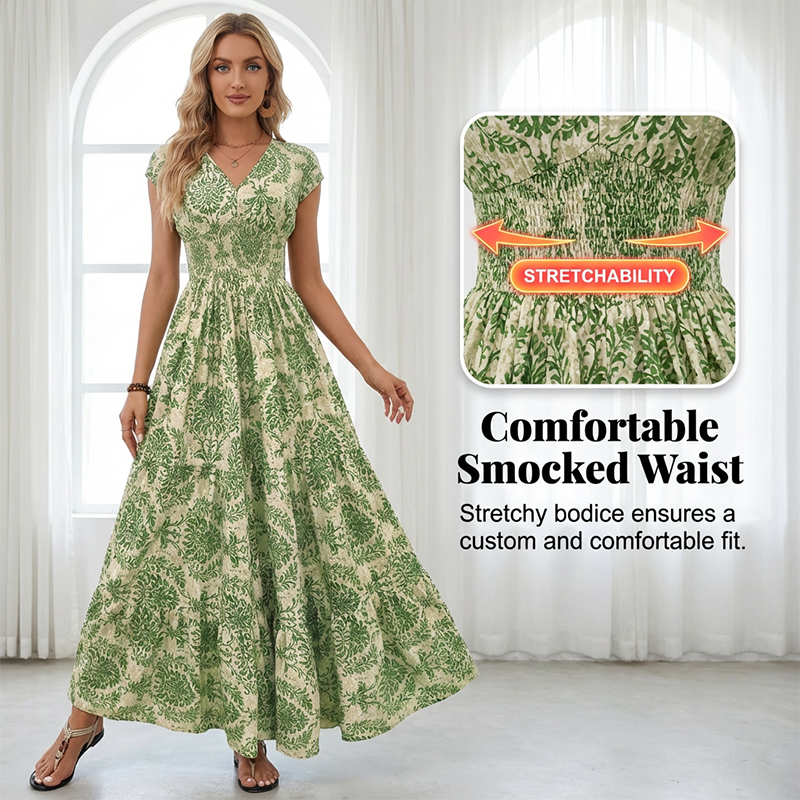 Dames Maxi-jurk met Bloemenprint en V-hals | Gesmokte Taille
