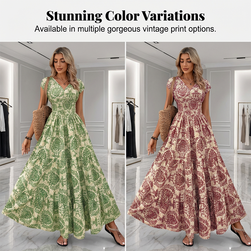 Dames Maxi-jurk met Bloemenprint en V-hals | Gesmokte Taille