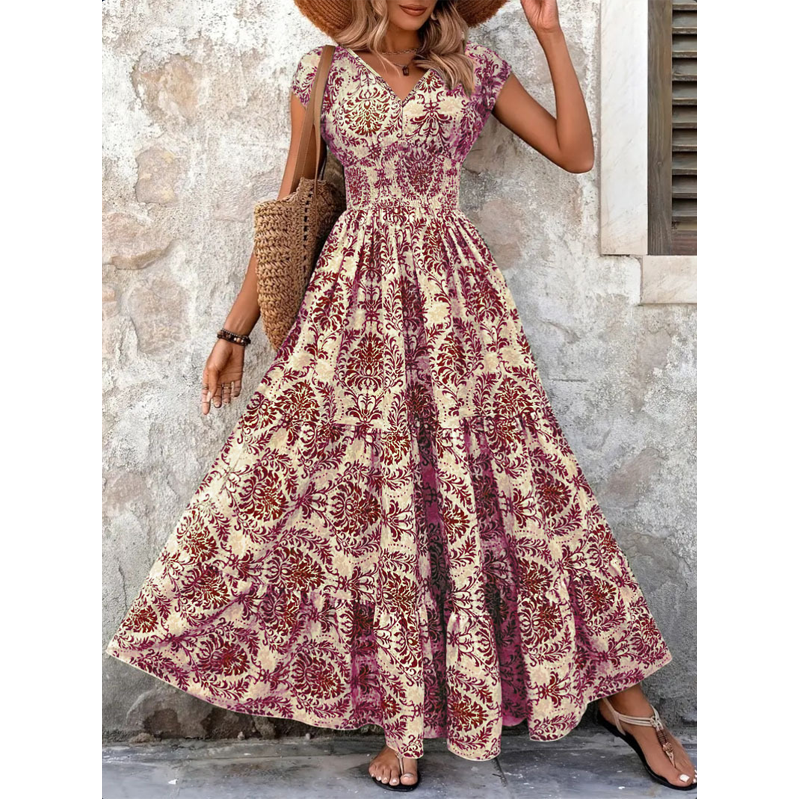 Dames Maxi-jurk met Bloemenprint en V-hals | Gesmokte Taille