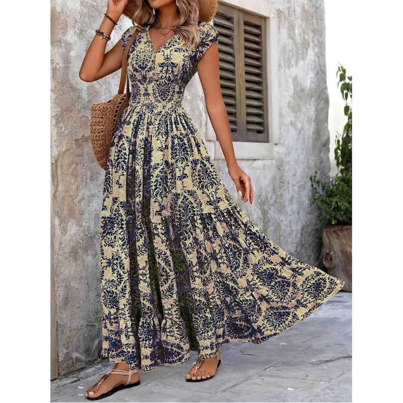 Dames Maxi-jurk met Bloemenprint en V-hals | Gesmokte Taille