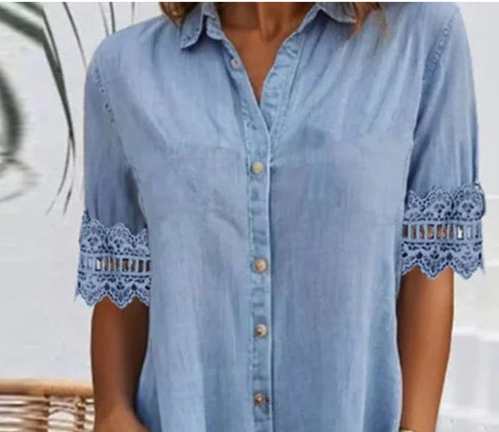 🎁Beperkte tijd 50% KORTING⏳Eenvoudige blauwe denim mini-jurk met kraag en kant