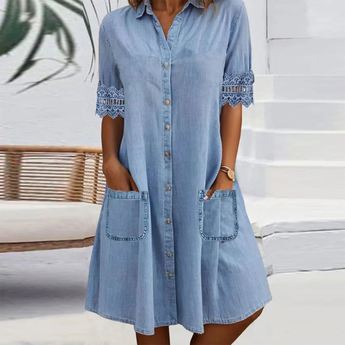 🎁Beperkte tijd 50% KORTING⏳Eenvoudige blauwe denim mini-jurk met kraag en kant