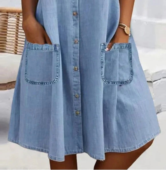 🎁Beperkte tijd 50% KORTING⏳Eenvoudige blauwe denim mini-jurk met kraag en kant