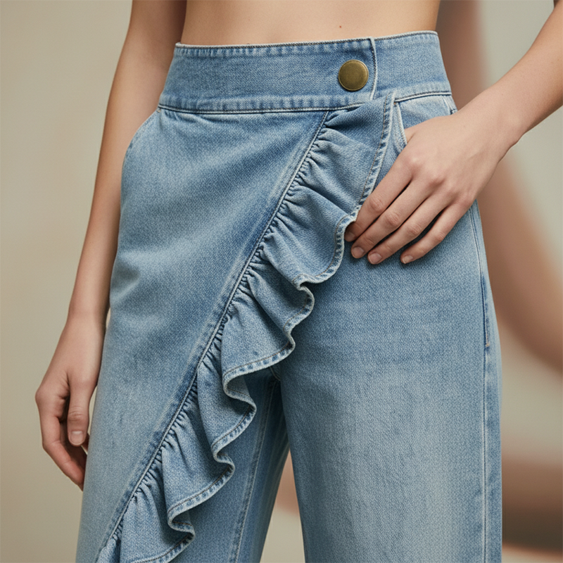 👖 NU 50% KORTING! 💙 Dames asymmetrische ruche wijde pijp denim broek – hoge taille, premium denim en functionele zakken ✨