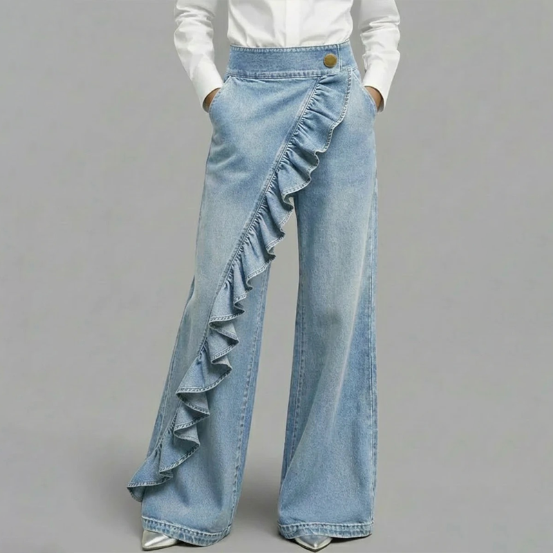 👖 NU 50% KORTING! 💙 Dames asymmetrische ruche wijde pijp denim broek – hoge taille, premium denim en functionele zakken ✨