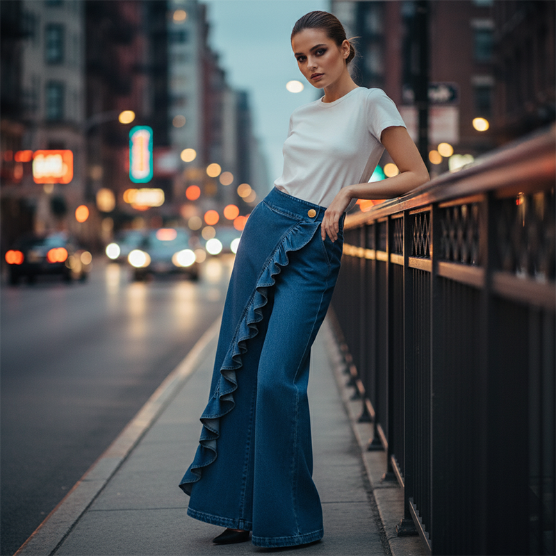 👖 NU 50% KORTING! 💙 Dames asymmetrische ruche wijde pijp denim broek – hoge taille, premium denim en functionele zakken ✨