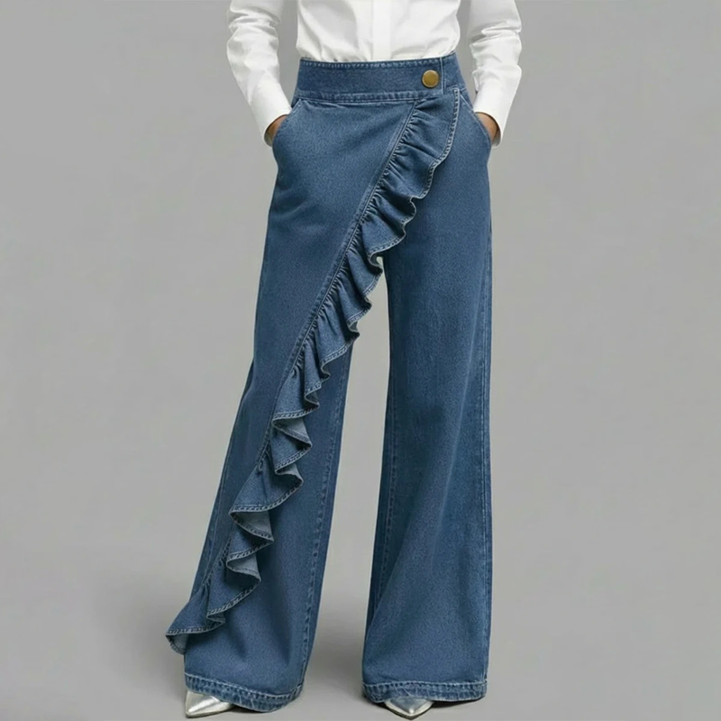 👖 NU 50% KORTING! 💙 Dames asymmetrische ruche wijde pijp denim broek – hoge taille, premium denim en functionele zakken ✨