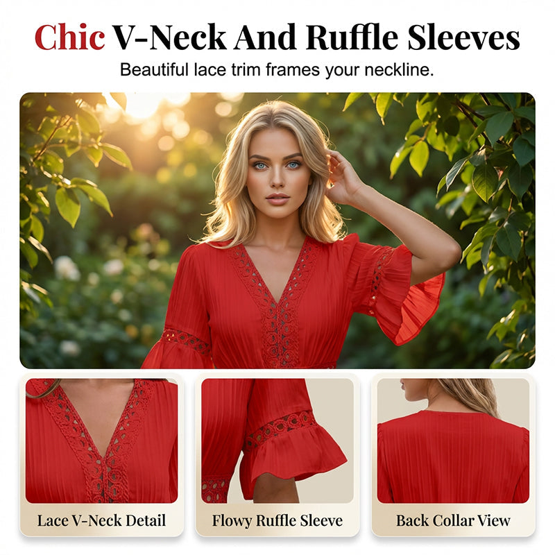🔥🎁Chique jurk met V-hals en kanten details.
