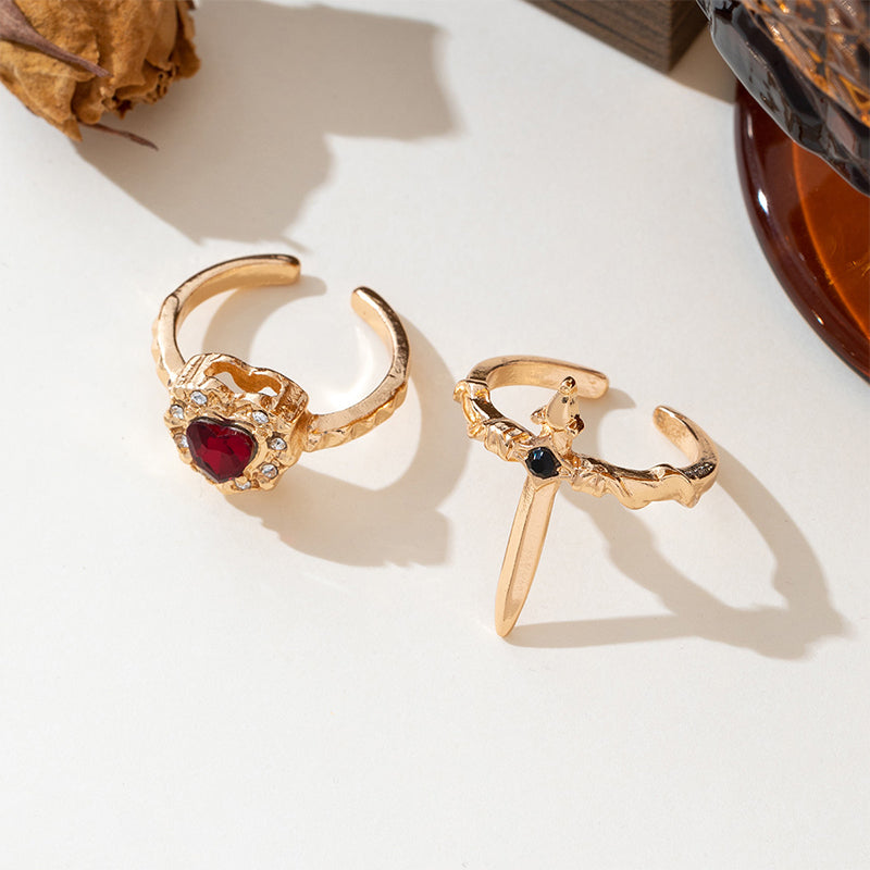 Vintage verstelbare ringenset – zwaard doorboort hart