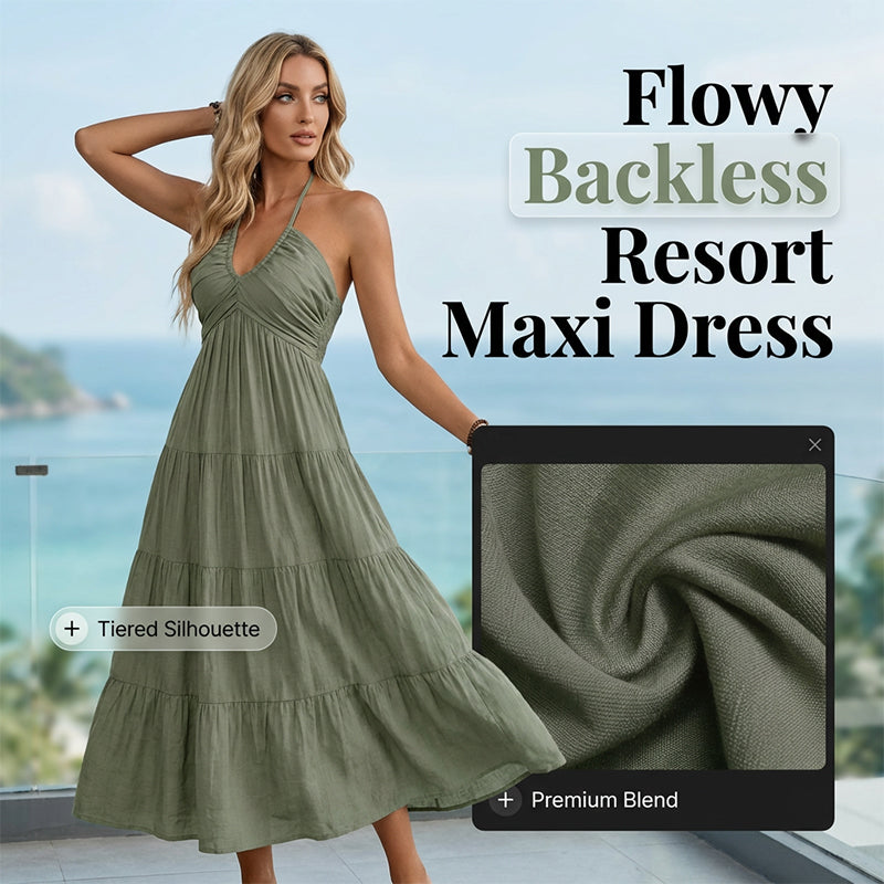 Dames halternek rugloze getrapte maxi-jurk