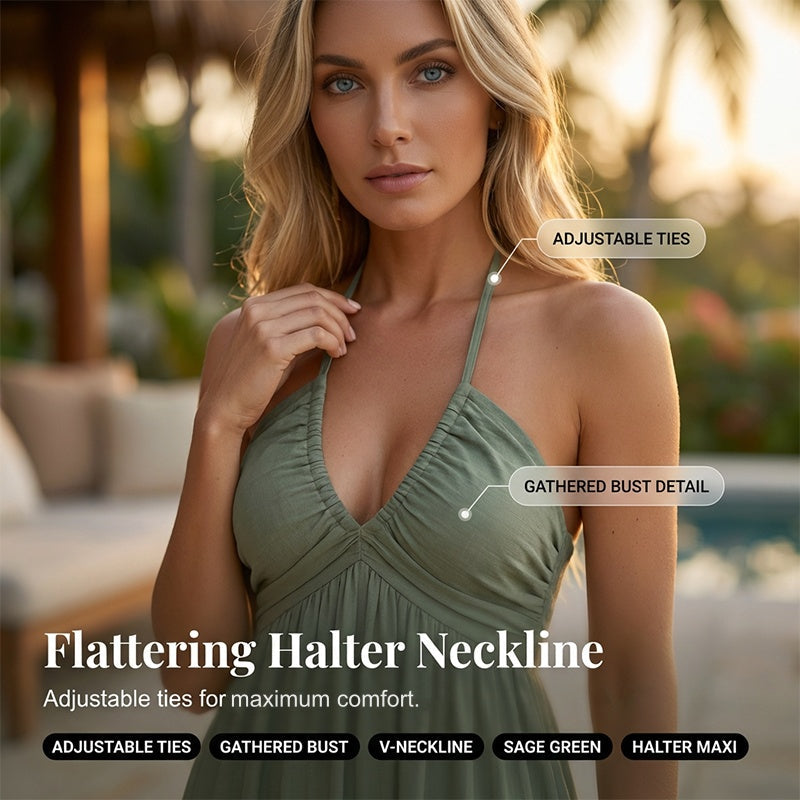 Dames halternek rugloze getrapte maxi-jurk