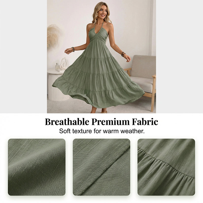 Dames halternek rugloze getrapte maxi-jurk